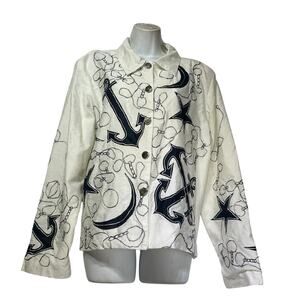 The Travel Collection White Nautical Anchor Embroidered Button Front Jacket XL